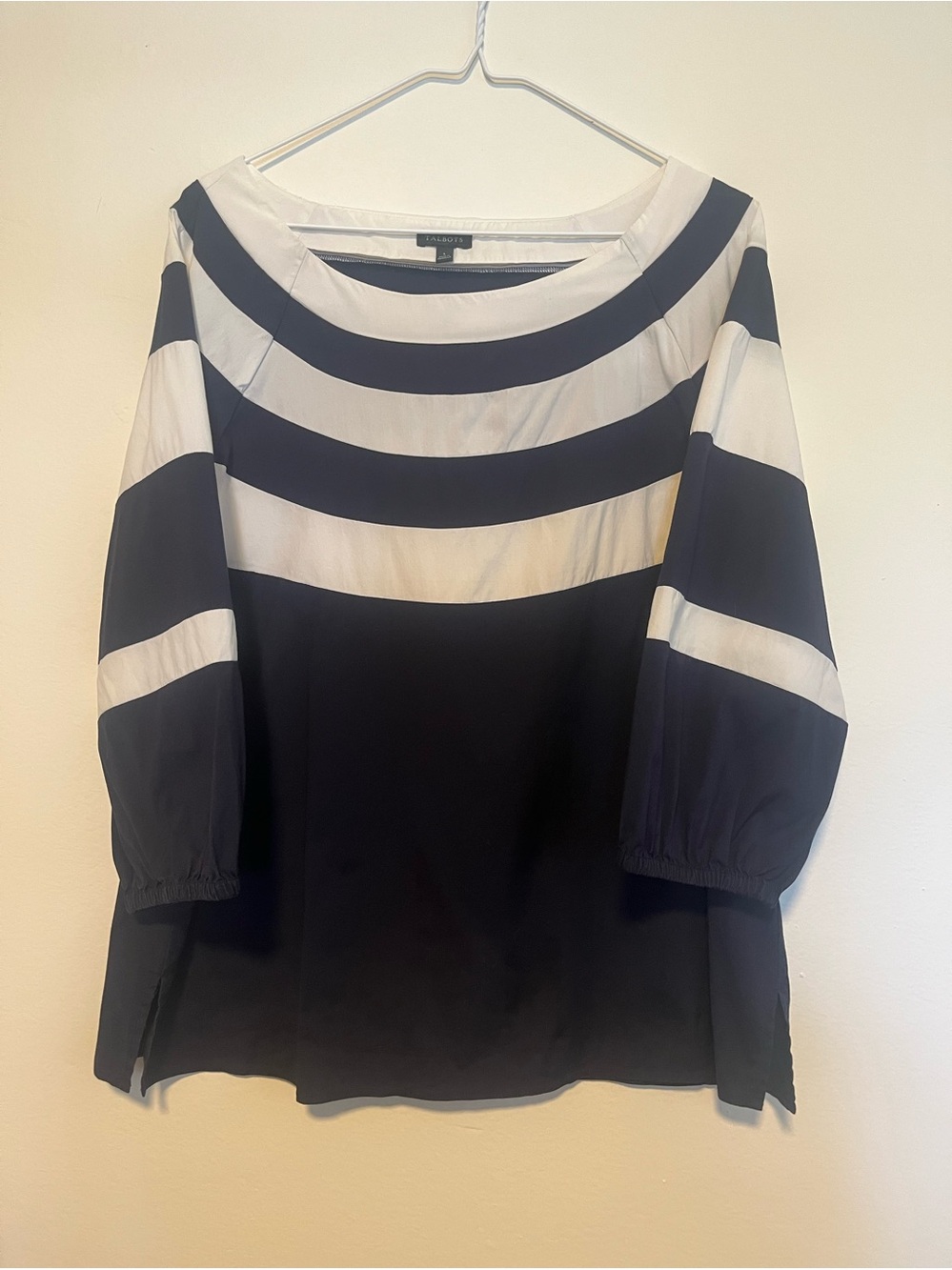 Talbots navy and White Striped Boatneck Blouse